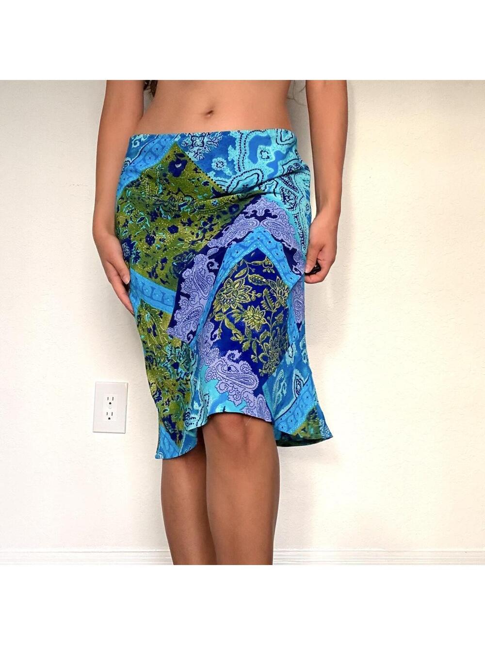 Y2K Suzy Shier blue purple green paisley midi skirt